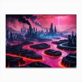 Cyberpunk industrial city with lava and river 6 Canvas Print