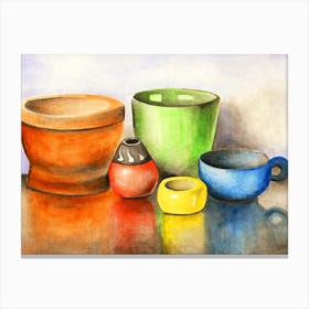 Colorful Dishes watercolor painting colors cups still life painting kitchen art hand painted blue green oragne red yellow Canvas Print