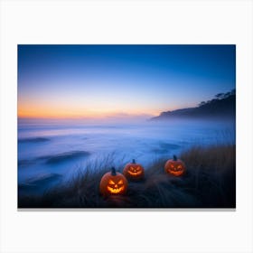 Jack O Lanterns With Eerie Glows Emanating A Soft Light Scattered Along A Desolate Shoreline Early (6) Canvas Print