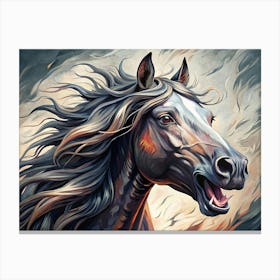 A Detailed Portrait Of A Wild Horse With Flowing Mane And Open Mouth, Showing Its Teeth And Tongue Canvas Print