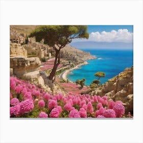 Pink Flowers On The Hillside Canvas Print