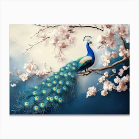 Peacock In Cherry Blossoms Canvas Print