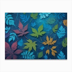 Colorful Assortment Of Tropical Leaves Arranged On A Blue Background, Creating A Vibrant And Natural Pattern Canvas Print