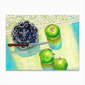 Still Life Oil Painting Of Green Apples, Plate And Knife Colorful Kitchen Objects and Fruits Canvas Print