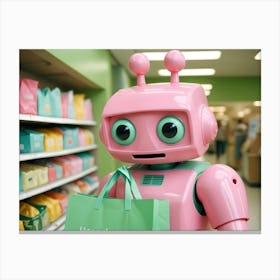 A Pink Robot Holding A Green Shopping Bag In A Supermarket Aisle Canvas Print