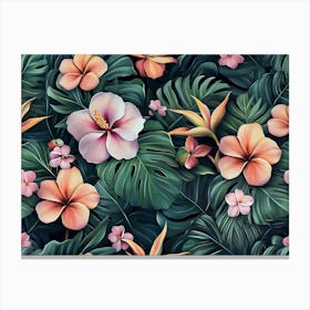 Tropical Seamless Pattern With Exotic Flowers And Leaves 4 Canvas Print