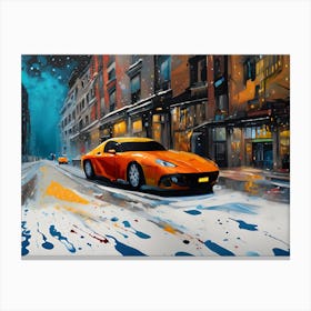 DX20240602-10 Vibrant Yellow Sports Car in Snowy Cityscape Canvas Print