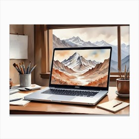 An Artist S Workspace With A Laptop Displaying A Watercolor Painting Of A Mountain Range Canvas Print