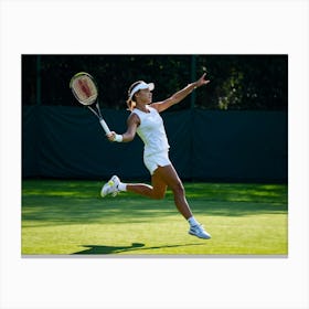 Tennis Player In Dynamic Forward Motion Mid Service Shadow Elongated On Outdoor Hard Court Late A (6) Canvas Print