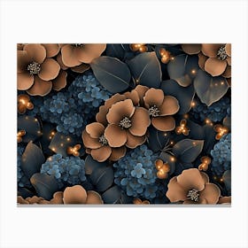 Floral Seamless Pattern with Vintage Hydrangea Flowers, Leaves, Fireflies Canvas Print