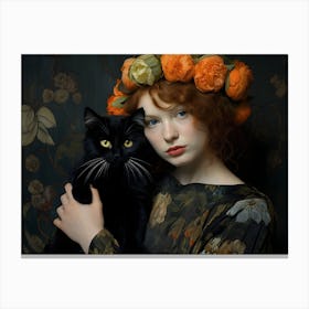 Contemporary Floral Cat And Woman 1 Canvas Print