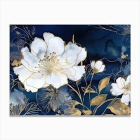 White Flowers On Blue Background Canvas Print