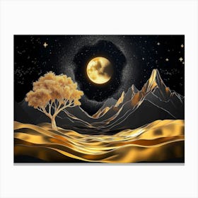 3d Modern Night Landscape With Dark Mountains, Dark Black Background With Stars Painting Canvas Print