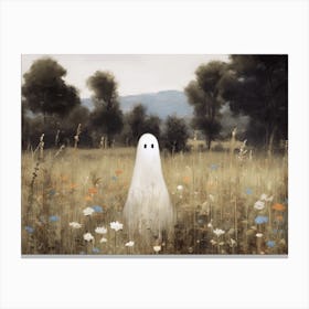 Cute Bedsheet Ghost In Flower Landscape Vintage Style, Halloween Spooky 7 Canvas Print