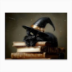 Black Cat With Witch Hat Canvas Print