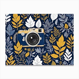 A Vintage Camera Rests Amidst A Dense Pattern Of Stylized Leaves In Shades Of Yellow, White, And Blue On A Dark Blue Background Canvas Print