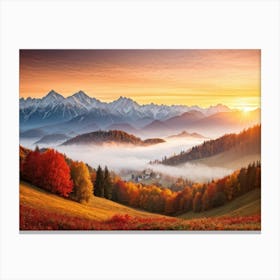 Autumn Landscape Panoramic View Of The Tatra Mountains Leaves In Vivid Shades Of Red Orange And (1) Canvas Print