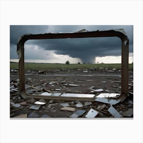 A Broken Window Frame Lies Amidst Debris In A Field With A Tornado In The Background, Symbolizing Destruction, Chaos, Or The Aftermath Of A Natural Disaster Canvas Print