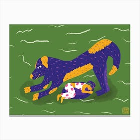 Giant Violet Dog Stretching, Tiny Woman Sleeping Canvas Print
