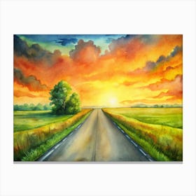 A Road Extending Endlessly Under A Vibrant Orange Canvas Print