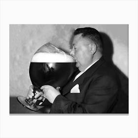 Man Drinking From Giant Beer Glass, Bar Cart Decor, Vintage Black and White Old Photo Canvas Print