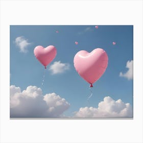 Two Pink Heart Balloons Floating In The Sky With White Clouds Canvas Print