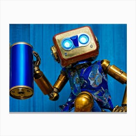 Quirky Blue Eyed Robot In Disguise Using Inline Skates Sweaty Gold Aluminum Can In Hand Cobalt B Canvas Print