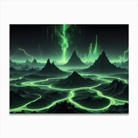 A Dark, Mountainous Landscape Illuminated By Glowing Green Pathways And Bolts Of Lightning Striking The Peaks, Creating A Dramatic And Otherworldly Scene Canvas Print