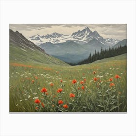 Vintage Oil Painting of indian Paintbrushes in a Meadow, Mountains in the Background 6 Canvas Print
