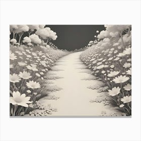 A Path Winds Through A Serene, Monochromatic Field Of Flowers And Trees, Rendered In White And Gray Tones Canvas Print