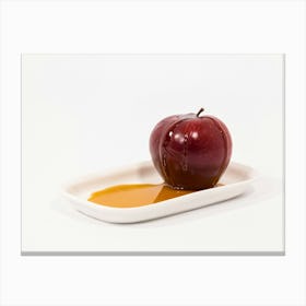 Red Apple With Drops Of Honey On White Plate With Honey Isolated On A White Background Canvas Print