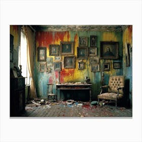 Interior Of A Vintage Horror Inspired Room With Rainbow Hued Aged Grunge Wallpaper Peeling Away To Canvas Print