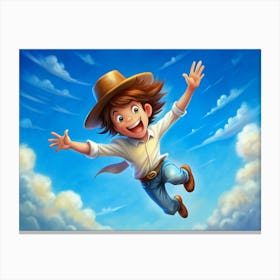 Boy In Hat Jumping In Blue Sky Canvas Print