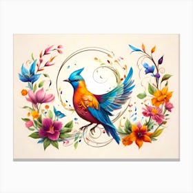 A Magnificent Bird With Abstract Flowers Decoration - Color Illustration On White Background Canvas Print