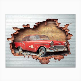 Colorful 3d Art With Broken Brick Wall, Classic Red Car And World Map Design Stampe su tela