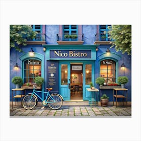 Cozy Blue Bistro With Bike And Flowers Canvas Print