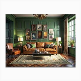 Living Room With Green Walls And Leather Furniture Canvas Print