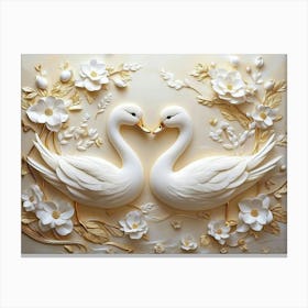 Luxurious 3d Golden And White Ducks With Flowers 1 Canvas Print