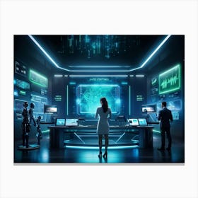 Cyber Intelligence Technology Interfacing With Modern Business Operations Robots Analyzing Data Ho (6) Canvas Print