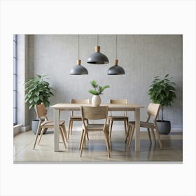 Modern Minimalist Dining Room With A Wooden Table, Chairs, And Grey Pendant Lights Canvas Print