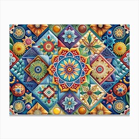 Colorful Geometric Tile Pattern With Floral Motifs Canvas Print