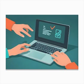 Two Hands Interact With A Laptop In An Isometric View, One Hand Pointing And The Other Typing, With A Completed Checklist On Screen Canvas Print