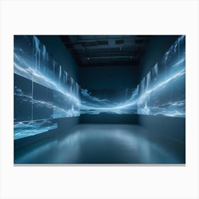 A Minimalist, Futuristic Image Of An Empty Room With Several Large Screens Displaying A Digital Landscape Of Glowing Blue And White Lines, Evoking A Sense Of Vastness And Space Canvas Print