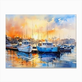 Watercolor Of Boats At Sunset Canvas Print