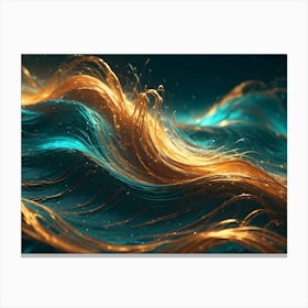 Abstract Wave Pattern Formed By Golden Strands Against A Teal Blue Background Canvas Print