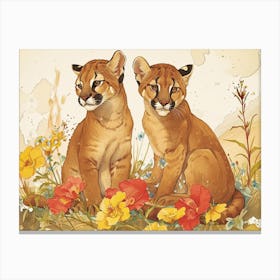 Floral Animal Illustration Cougar 1 Canvas Print