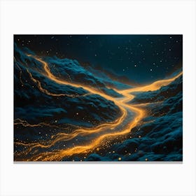 Digital Rendering Of A Mountainous Landscape With A Glowing Golden River Winding Through It, Set Against A Dark Blue Night Sky With Stars Canvas Print