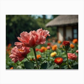 Pink Flowers In Front Of A House Canvas Print