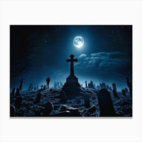 A Haunting View Of A Tomb Silhouetted Against The Night Sky A Gravestone With The Cross Engraved W Canvas Print