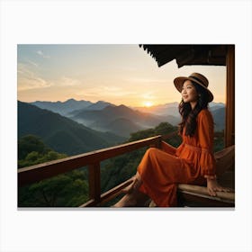 A Youthful Asian Woman Embodying Freedom Pleasure And Success Embarks On An Extreme Adventure P Canvas Print